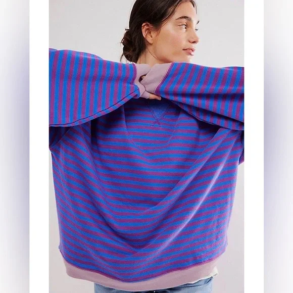 Free People We The Free Classic Striped Oversized Crewneck Blue Combo Size Small - Picture 2 of 10